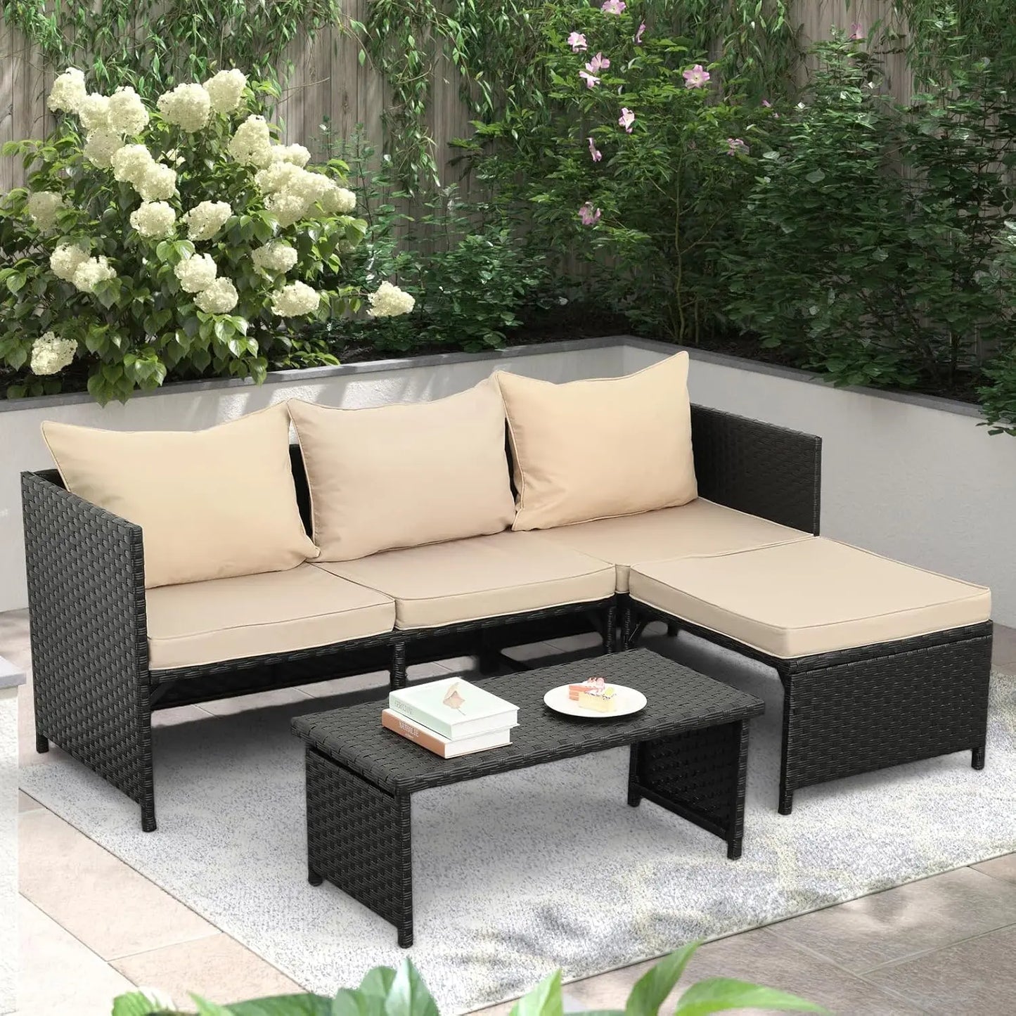 3-Piece Black Wicker PE Rattan Patio Furniture Set - Khaki Cushions