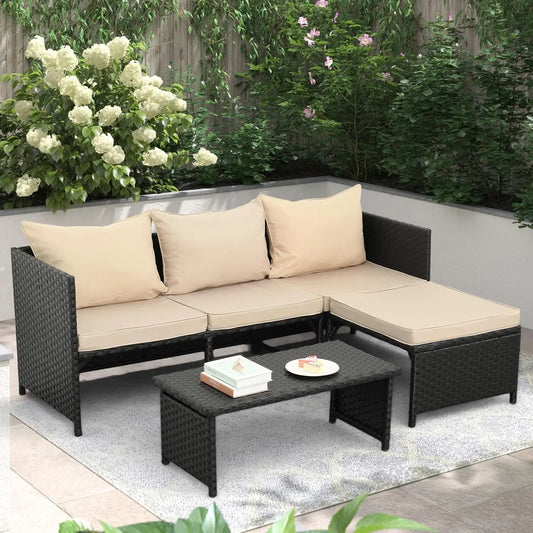 3-Piece Black Wicker PE Rattan Patio Furniture Set - Khaki Cushions