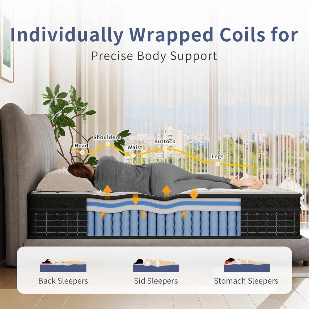 12 Inch Mattresses in a Box, Individually Wrapped Pocket Coils for Isolate Motion, Pressure Relief