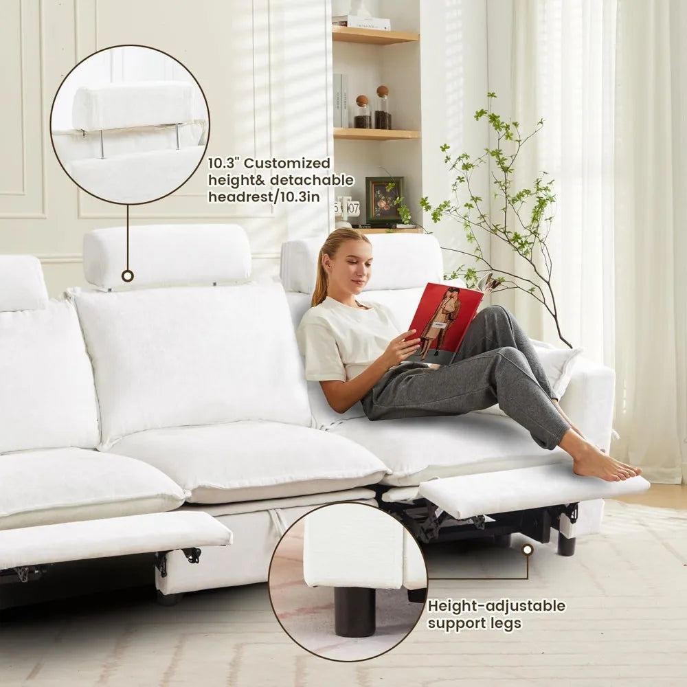 Oversized Power Reclining Sofa - Grey or Cream Cloud Chenille with Adjustable Headrest, Pillows & Hidden Storage
