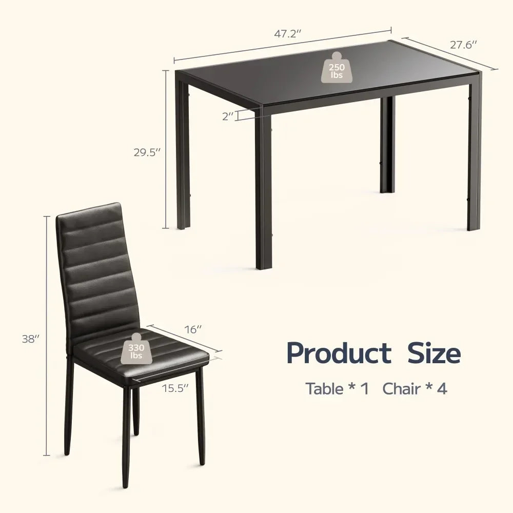 5 Piece Glass Dining Table Set for 4, PU Leather Chairs, Black or White