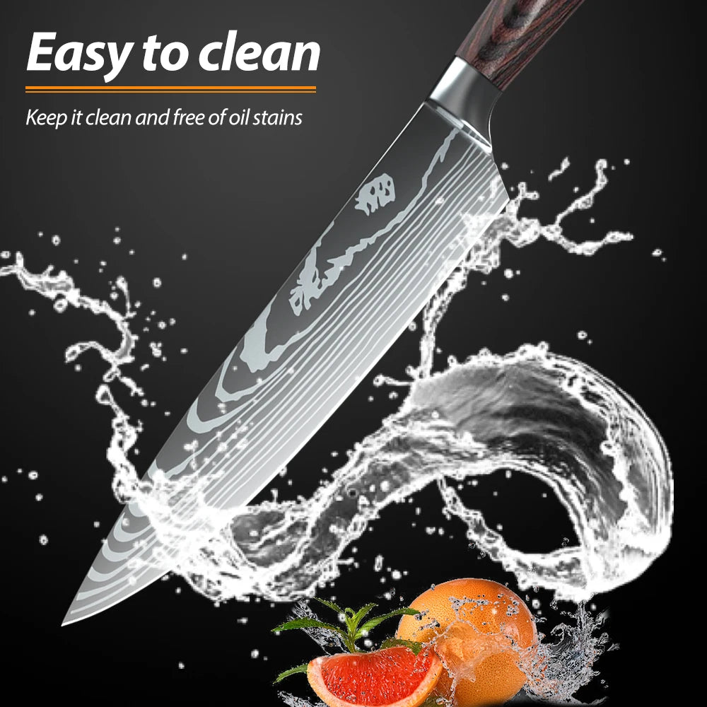 8 Piece Kitchen Knife Set: Damascus Stainless Steel, Chef, Slicing, Meat Cleaver, Utility, Paring, Bread Knife