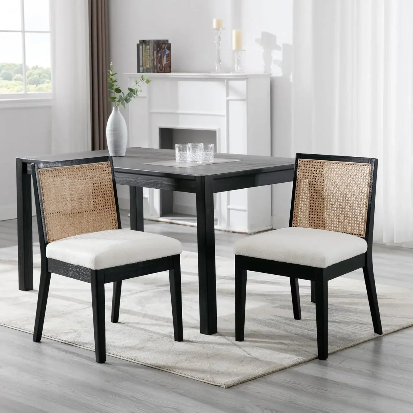 Upholstered Natural Wood Rectangle Cane Country Farmhouse Rattan Dining Chairs - Set of 6