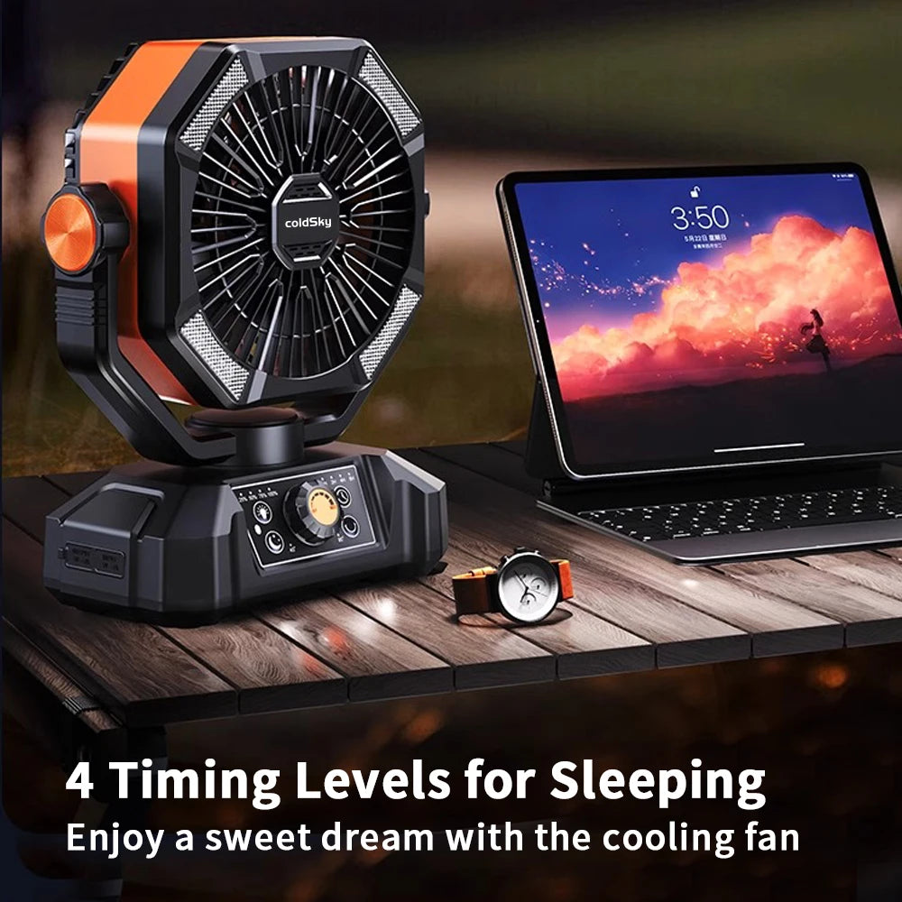 Outdoor Camping, Fishing etc., Fan with 4 LED Lantern, 8 Speeds, Auto-off Timer 20000mAh Battery