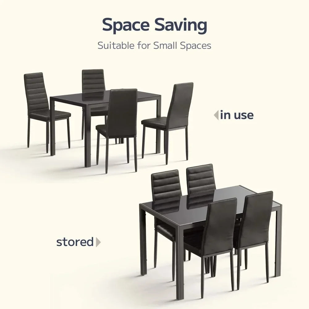 5 Piece Glass Dining Table Set for 4, PU Leather Chairs, Black or White