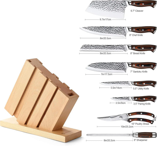 9pc High Carbon Damascus Stainless Steel Knife Set with Pakka Wood Handle and Beech Wood Block