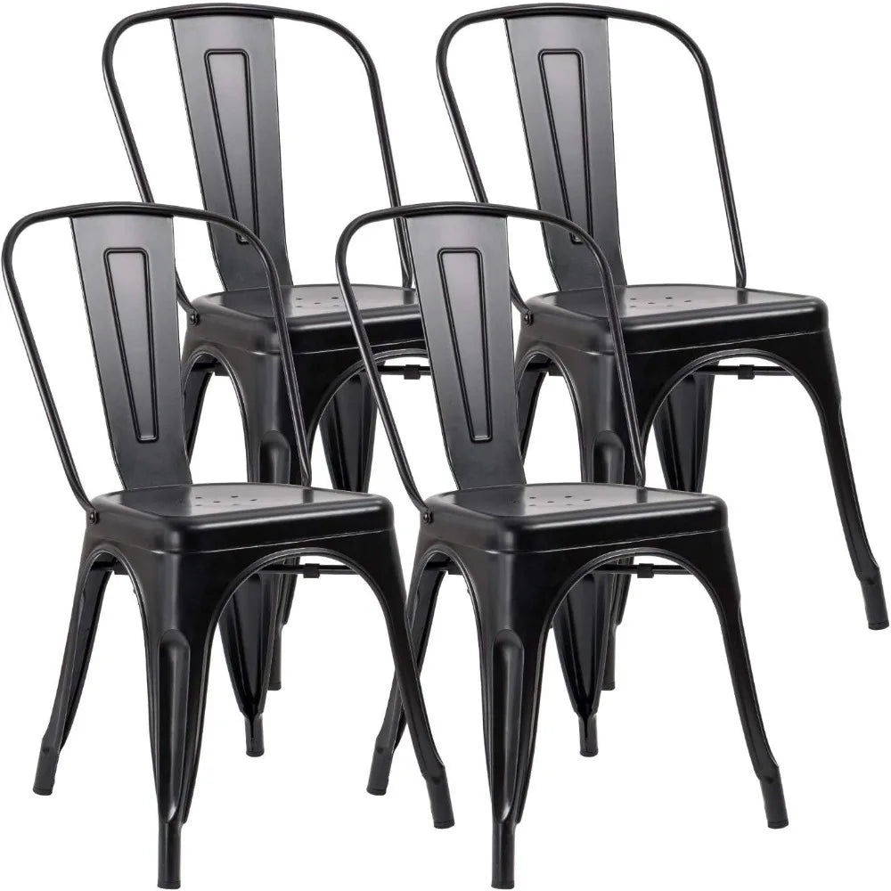 Metal Dining Chair - Set of Four Stackable Indoor Outdoor Industrial Vintage Chairs, Black
