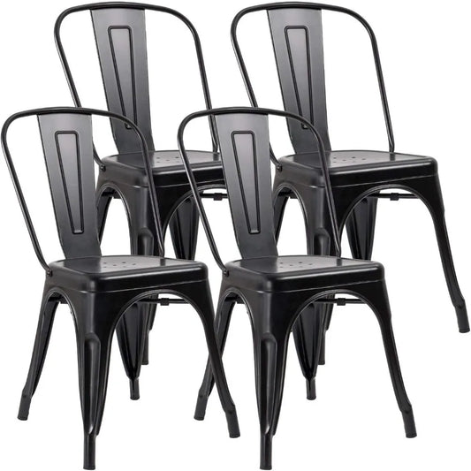 Metal Dining Chair - Set of Four Stackable Indoor Outdoor Industrial Vintage Chairs, Black