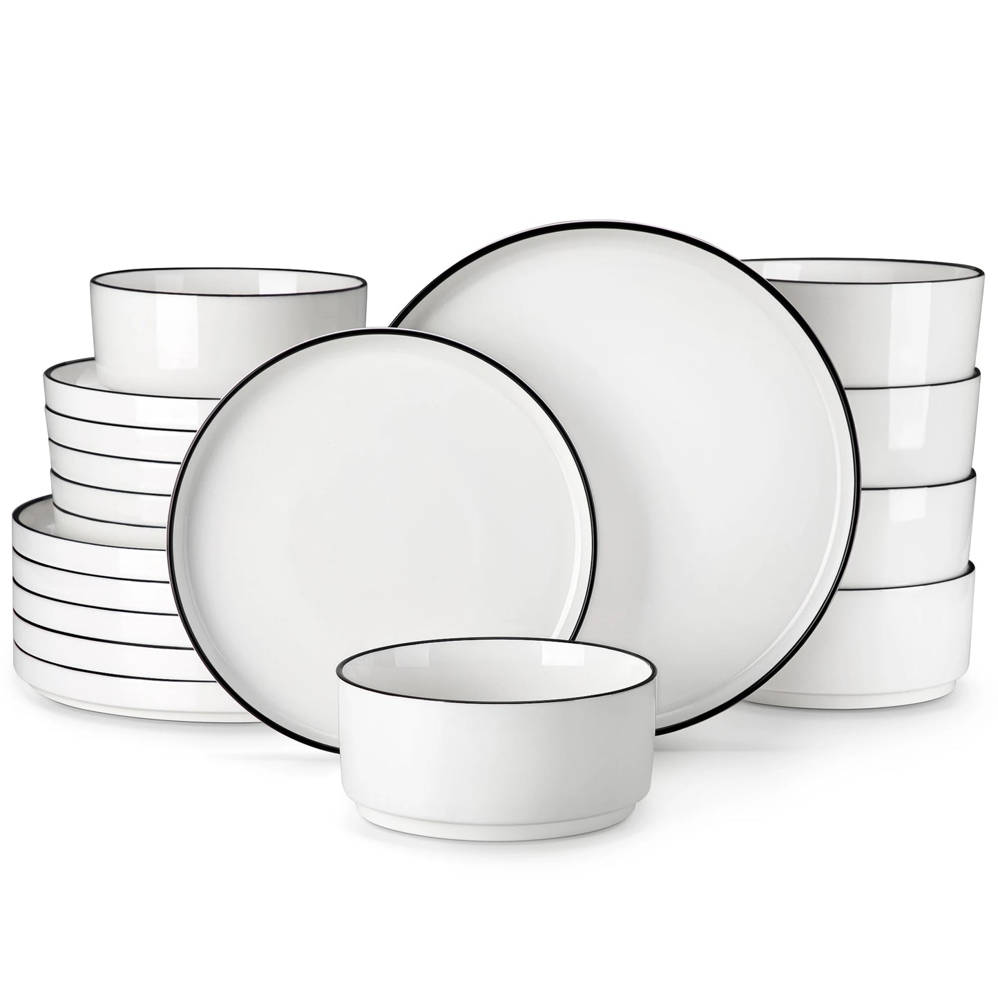 12/16/18/24 Piece Dinner Plates Sets - Black Rim Half Standing Edge
