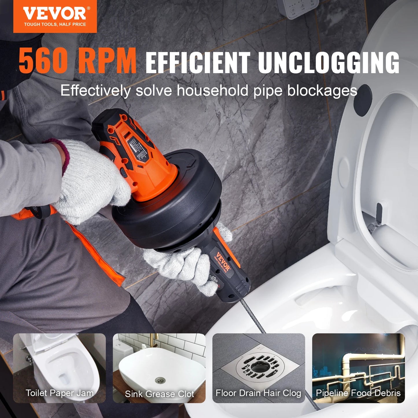 12V Electric Drain Auger 25FT Cordless Plumbing Snake: Auto Feed Pipeline Drain Clog Remover, 2.0Ah Battery Charger