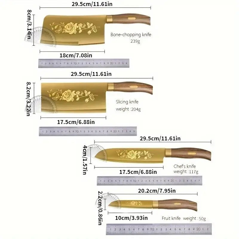 4-Piece Titanium-Coated Kitchen Knife Set - Sharp, Durable, Perfect for Cutting Meat and Bones, Commercial kitchen and Home Cooks