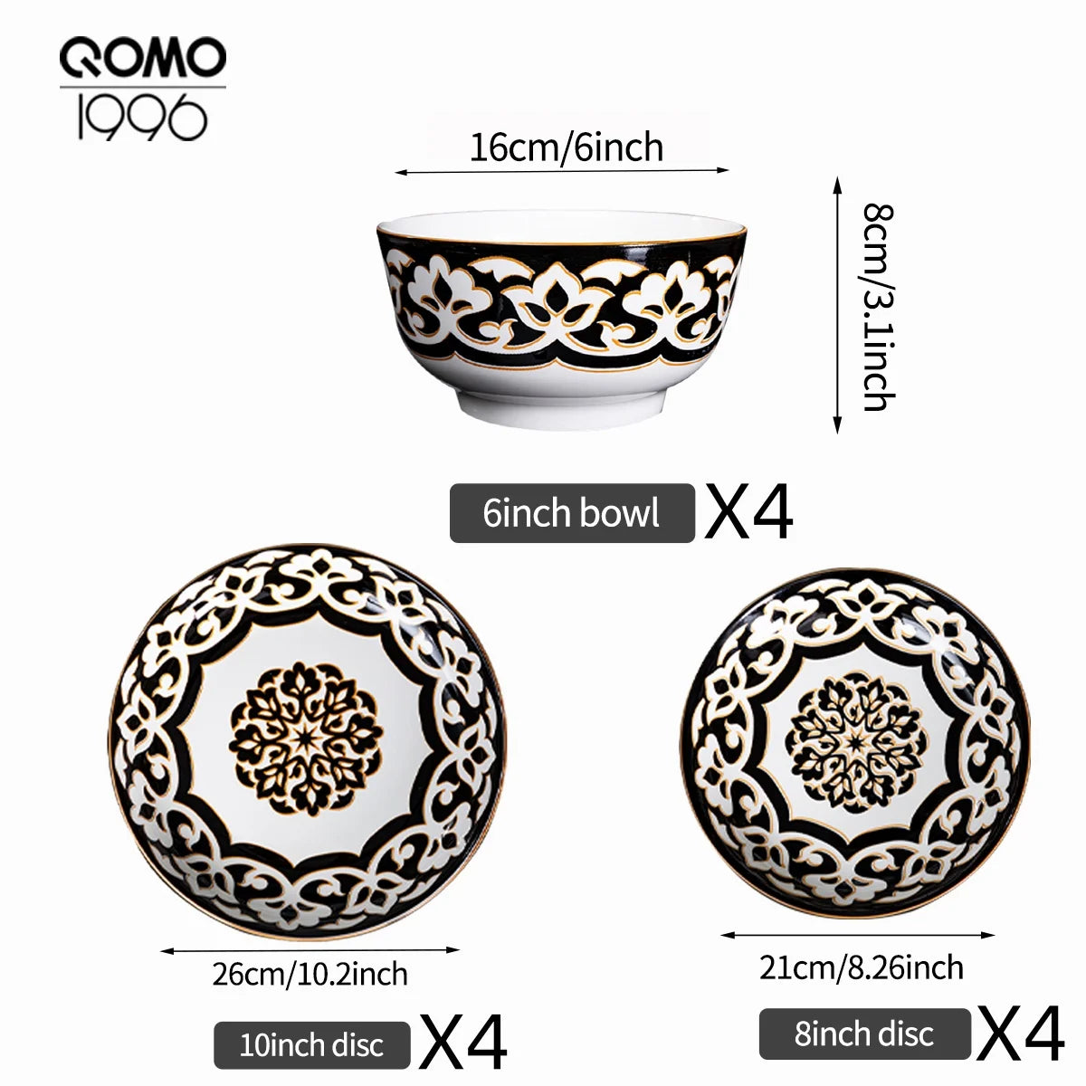 12/20/30/40 Piece Porcelain Tableware sets for 4/6/8 People - Combination Golden Border Floral Stamen Pattern, Glazed Craftsmanship