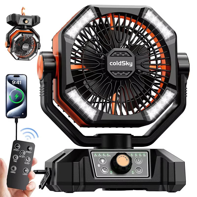 Outdoor Camping, Fishing etc., Fan with 4 LED Lantern, 8 Speeds, Auto-off Timer 20000mAh Battery