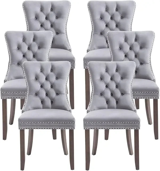 Leather Dining Chairs Set of 6, Luxury Wingback Upholstered Dining Chairs with Nailhead Trim and Solid Wood Legs, 10 Color Choices