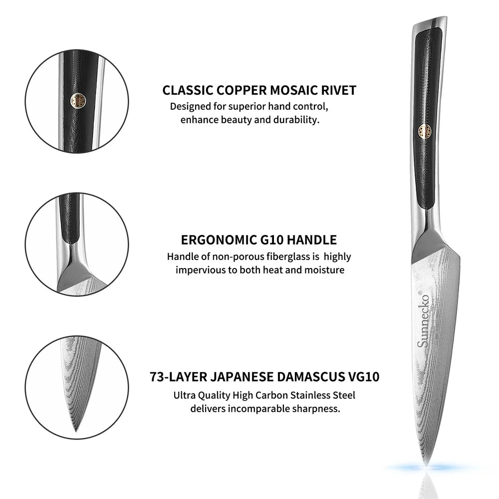 Sunnecko 3.5 Inch Fruit Paring Knife - 73 Layers VG10 Damascus Steel Chef's Peeling Knife