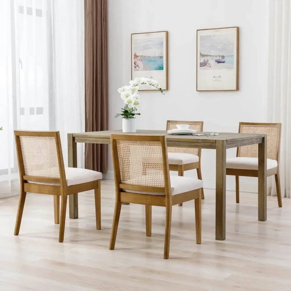 Upholstered Natural Wood Rectangle Cane Country Farmhouse Rattan Dining Chairs - Set of 6