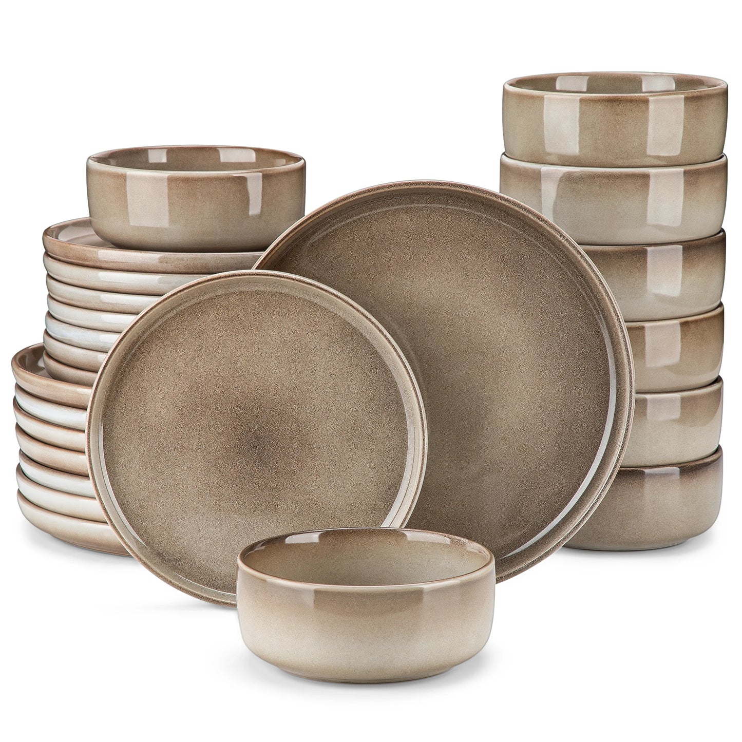 12/24 Piece Elegant Brown Reactive Glaze Stoneware Set with Dinner plate/Dessert Plate/Cereal Bowls