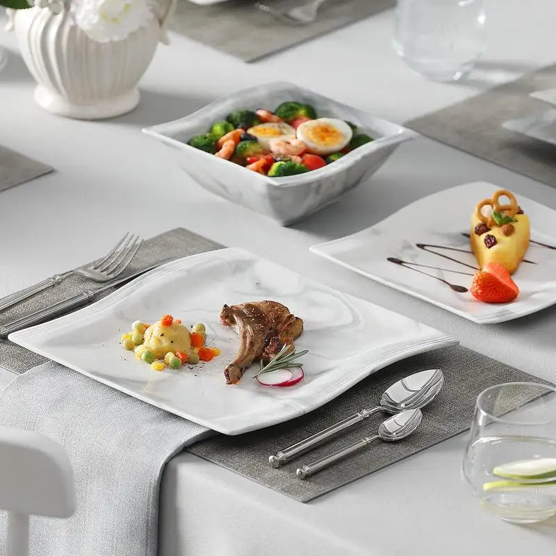 16 Piece Ivory Square Plates and Bowls Set, Unique Design