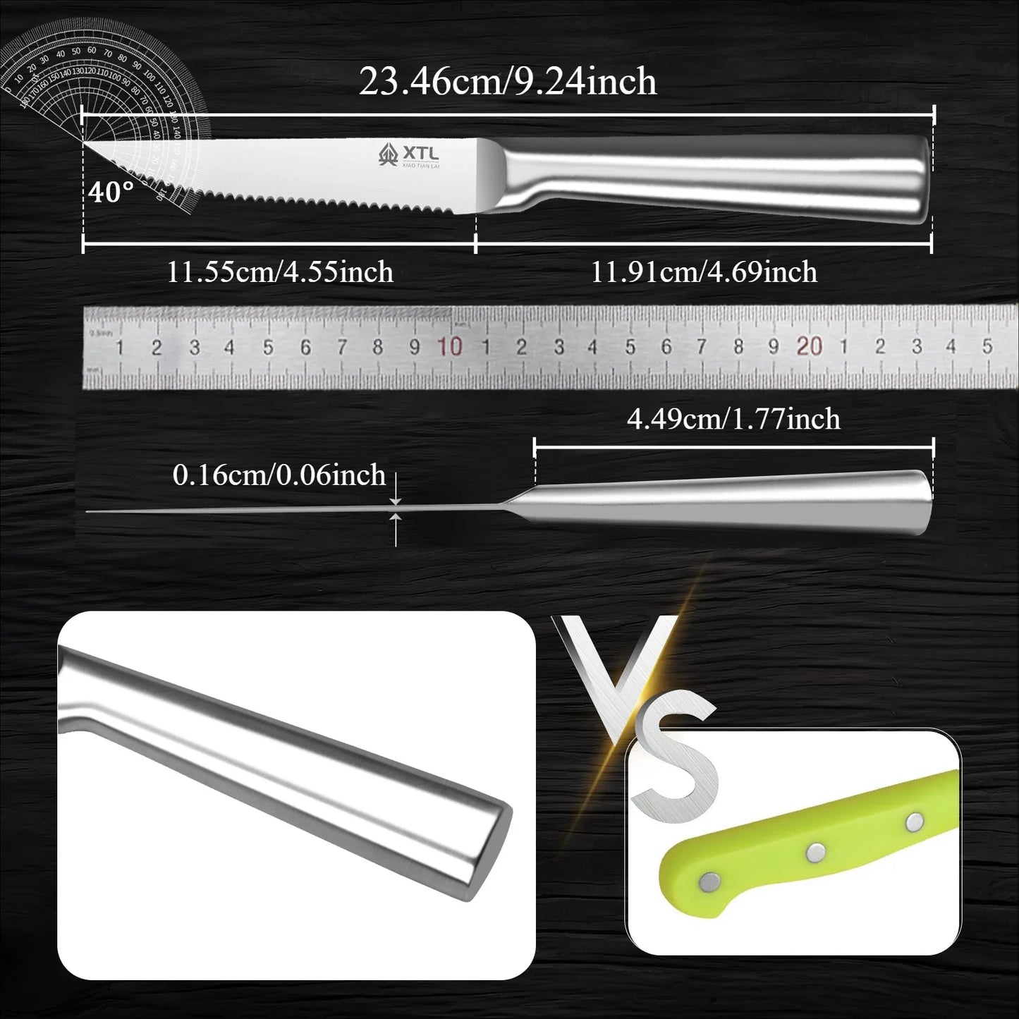 Steak Knife Set: Stainless Steel Kitchen Knives - One Piece, Handle to the Tip of the Blade