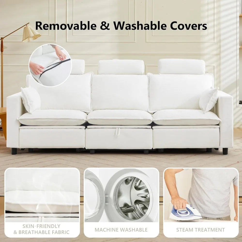 Oversized Power Reclining Sofa - Grey or Cream Cloud Chenille with Adjustable Headrest, Pillows & Hidden Storage