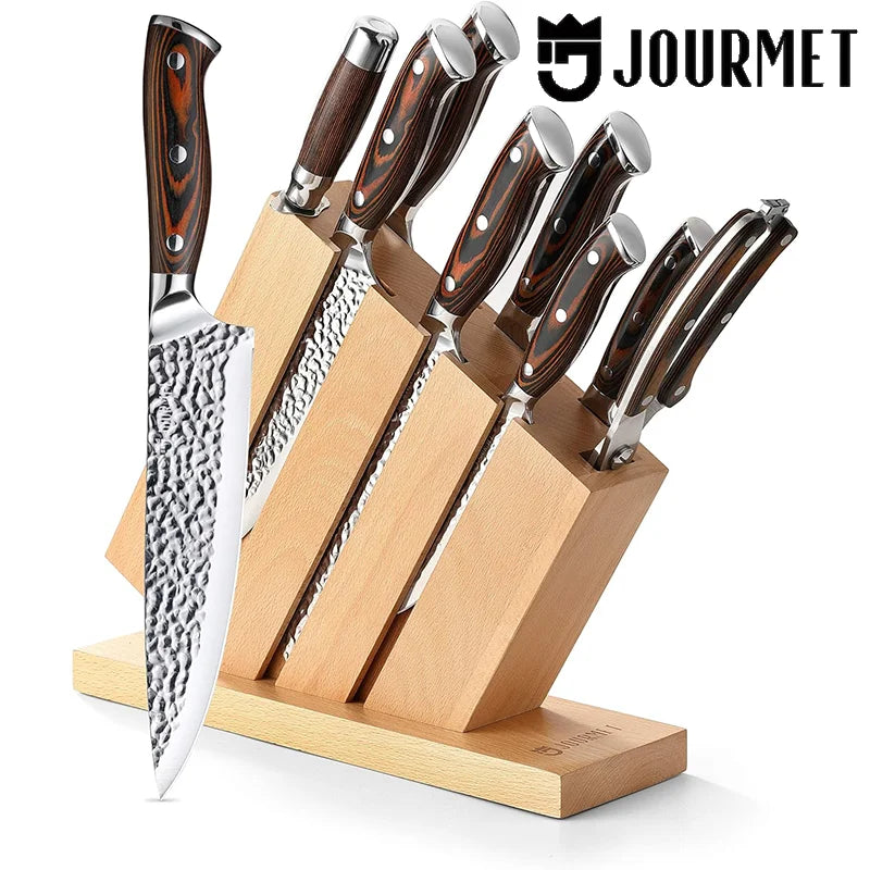 9pc High Carbon Damascus Stainless Steel Knife Set with Pakka Wood Handle and Beech Wood Block