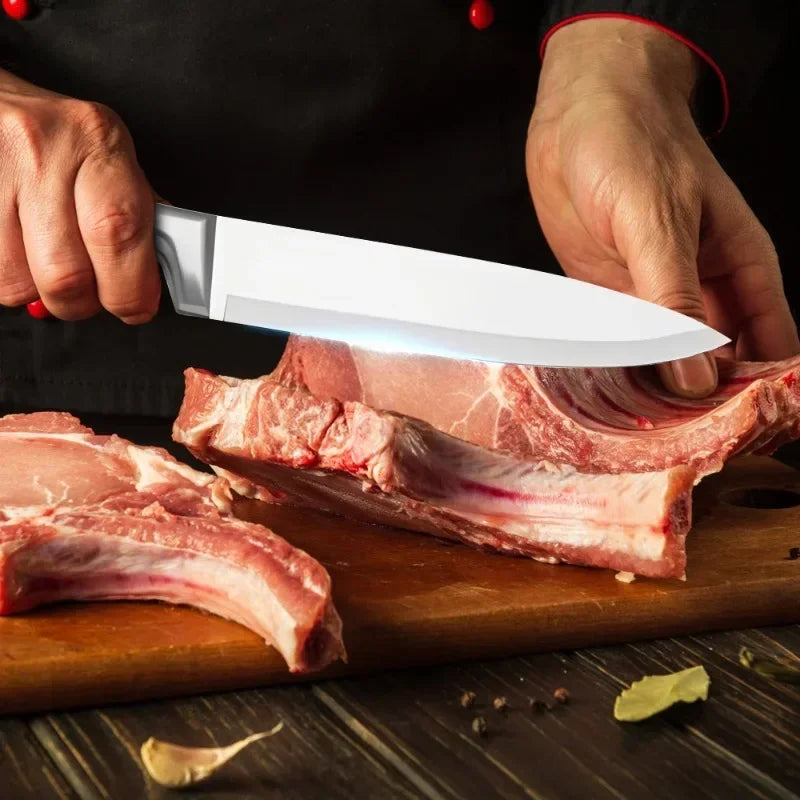 Beautiful Kitchen Knife Set: 9pc Stainless Steel Non-Stick Coated Chef Knives with Sharpener and Stand - 3 color choices