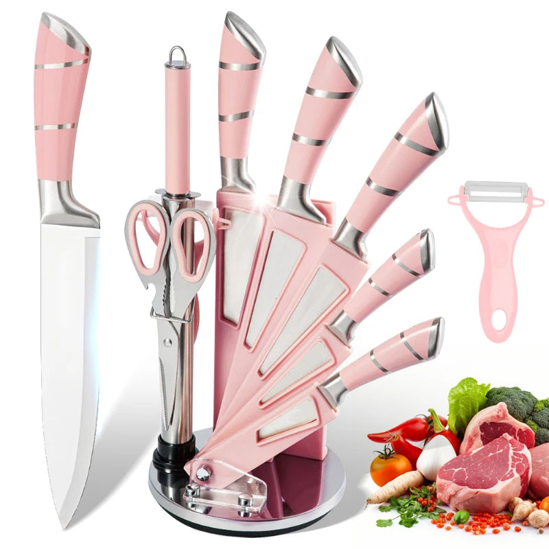 Beautiful Kitchen Knife Set: 9pc Stainless Steel Non-Stick Coated Chef Knives with Sharpener and Stand - 3 color choices