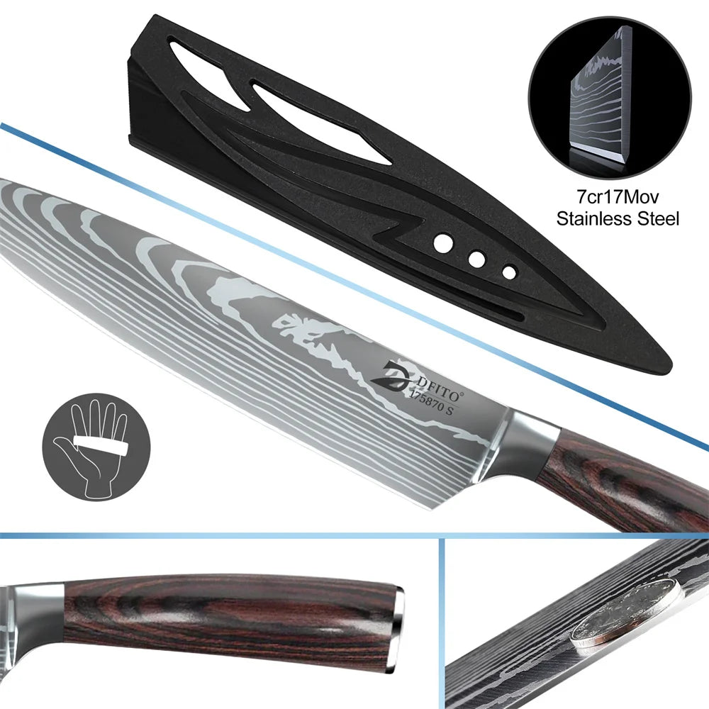 8 piece Kitchen Knives - Damascus Stainless Steel: Chef Knife, Utility, Paring, Boning, Cleaver, Slicing Santoku, Includes Professional Carrying Bag