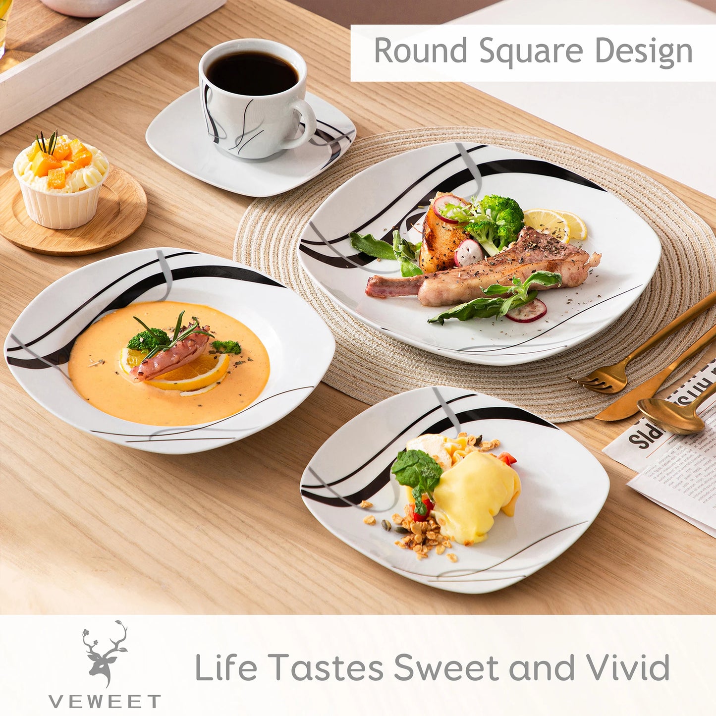 30/60 Piece Black Porcelain Tableware Set with Dessert Plates/Soup Plates/Dinner Plates/Cups/Saucers