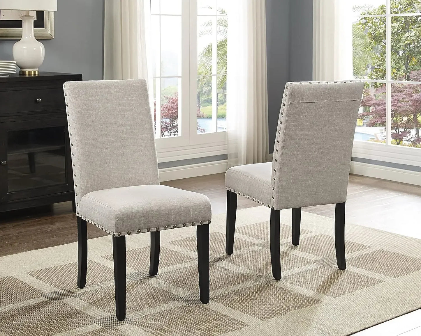 Furniture Biony Tan Fabric Dining Chairs with Nailhead Trim, Set of 2, Brown, Tan