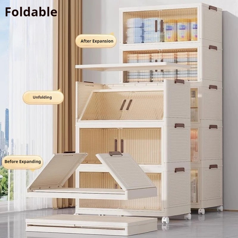 Folding Living Room Cabinet, Multifunction Closet Organizer - Wheels, Stackable, Large Capacity Storage: Box Shelf