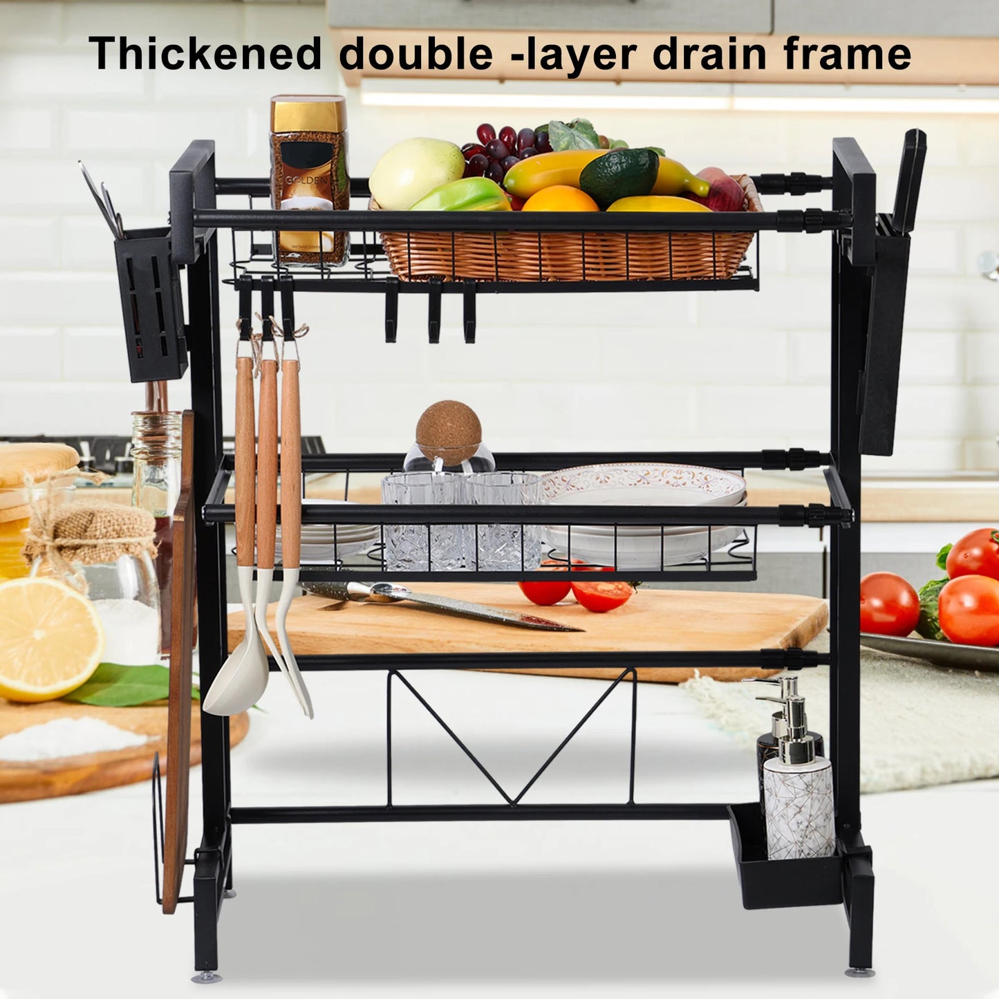 2 Tier Kitchen Storage Shelf -  Above Sink, Adjustable Draining Rack, Multifunctional Organizer