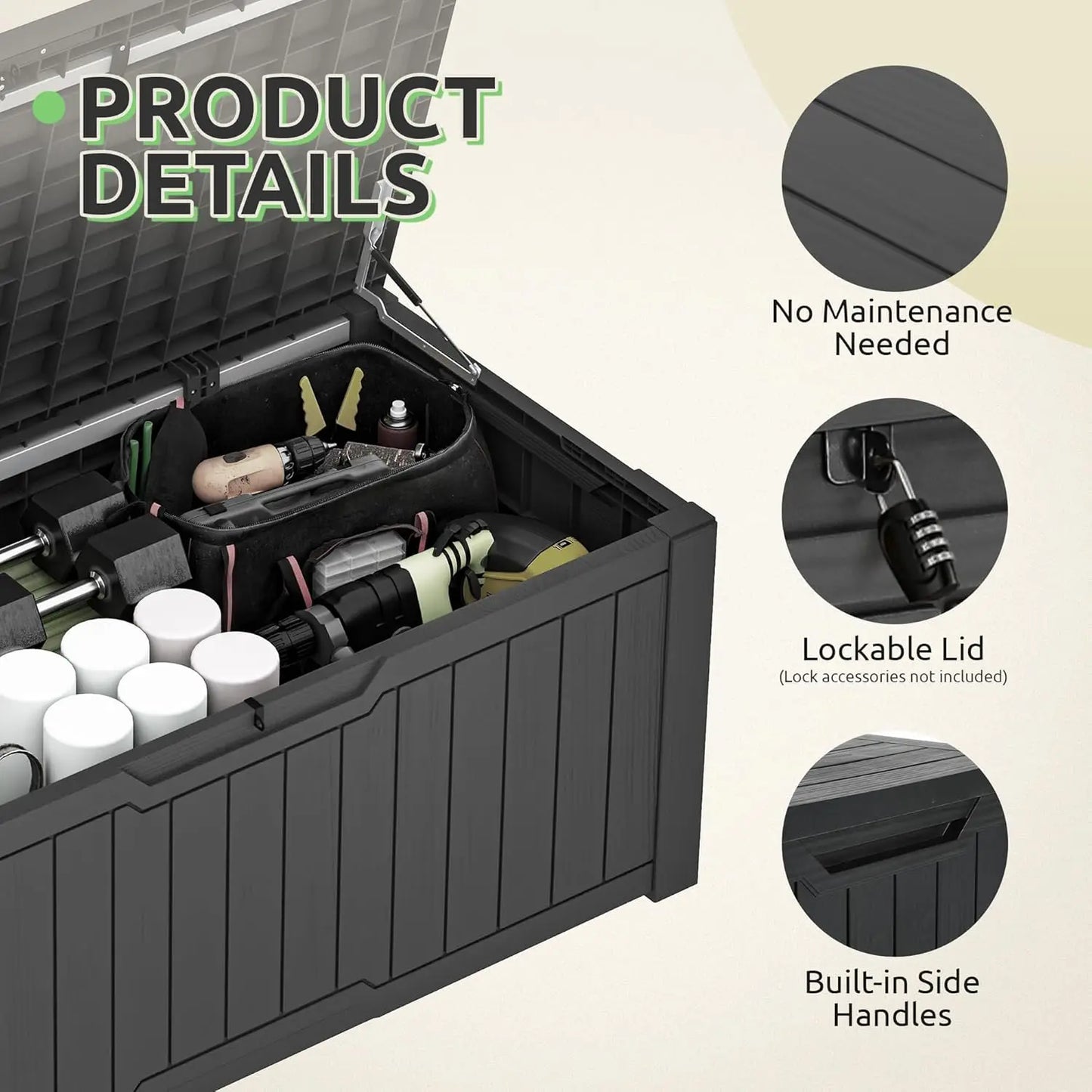 120-Gallon Resin Outdoor, Lockable Lid Storage Box, Waterproof for Garden Tools, Pool Supplies, and Sports Gear