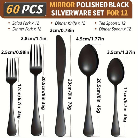 60pcs, Stainless Steel Flatware Set - Black, Mirror Polished Cutlery Set, Dishwasher Safe, also comes in silver and gold