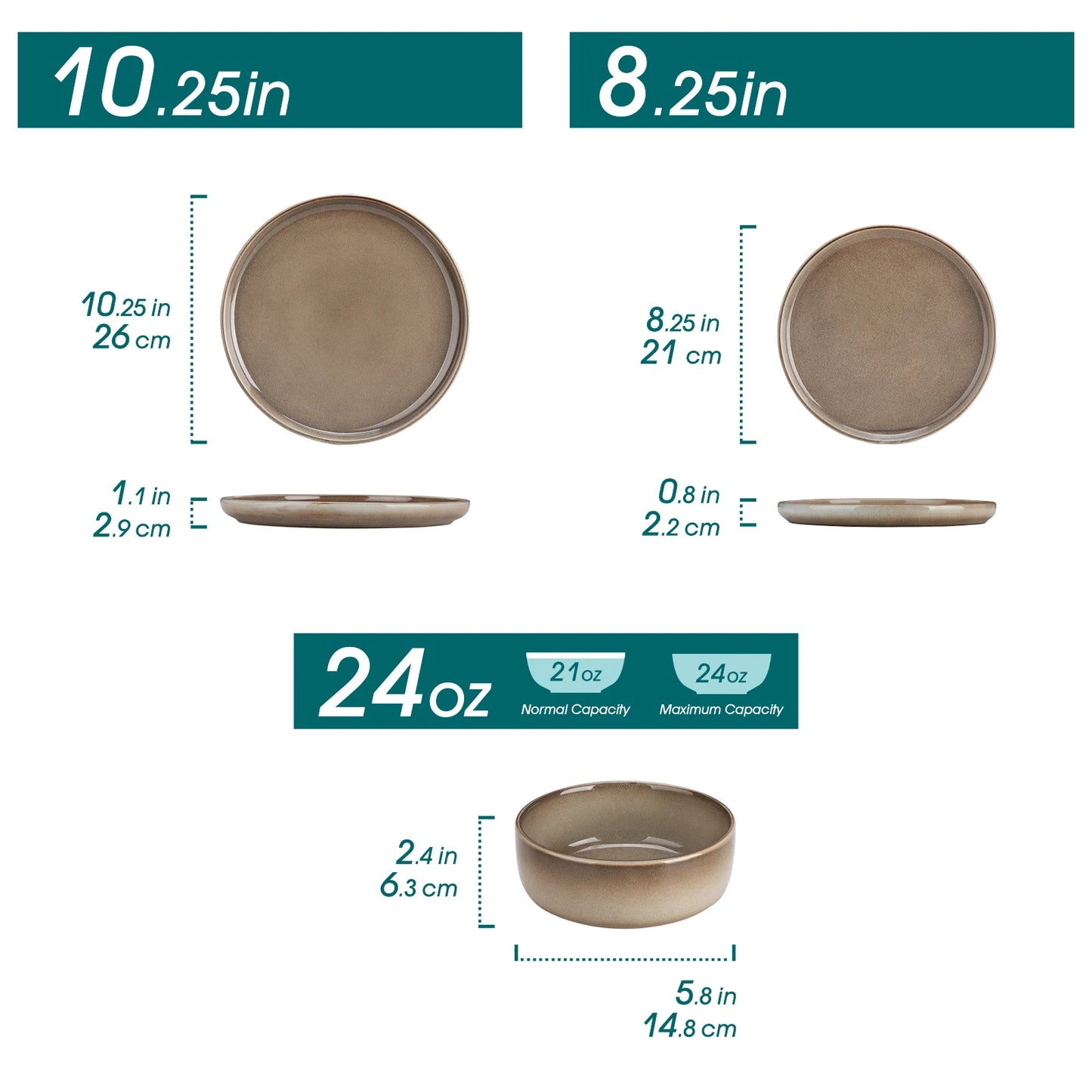 12/24 Piece Elegant Brown Reactive Glaze Stoneware Set with Dinner plate/Dessert Plate/Cereal Bowls