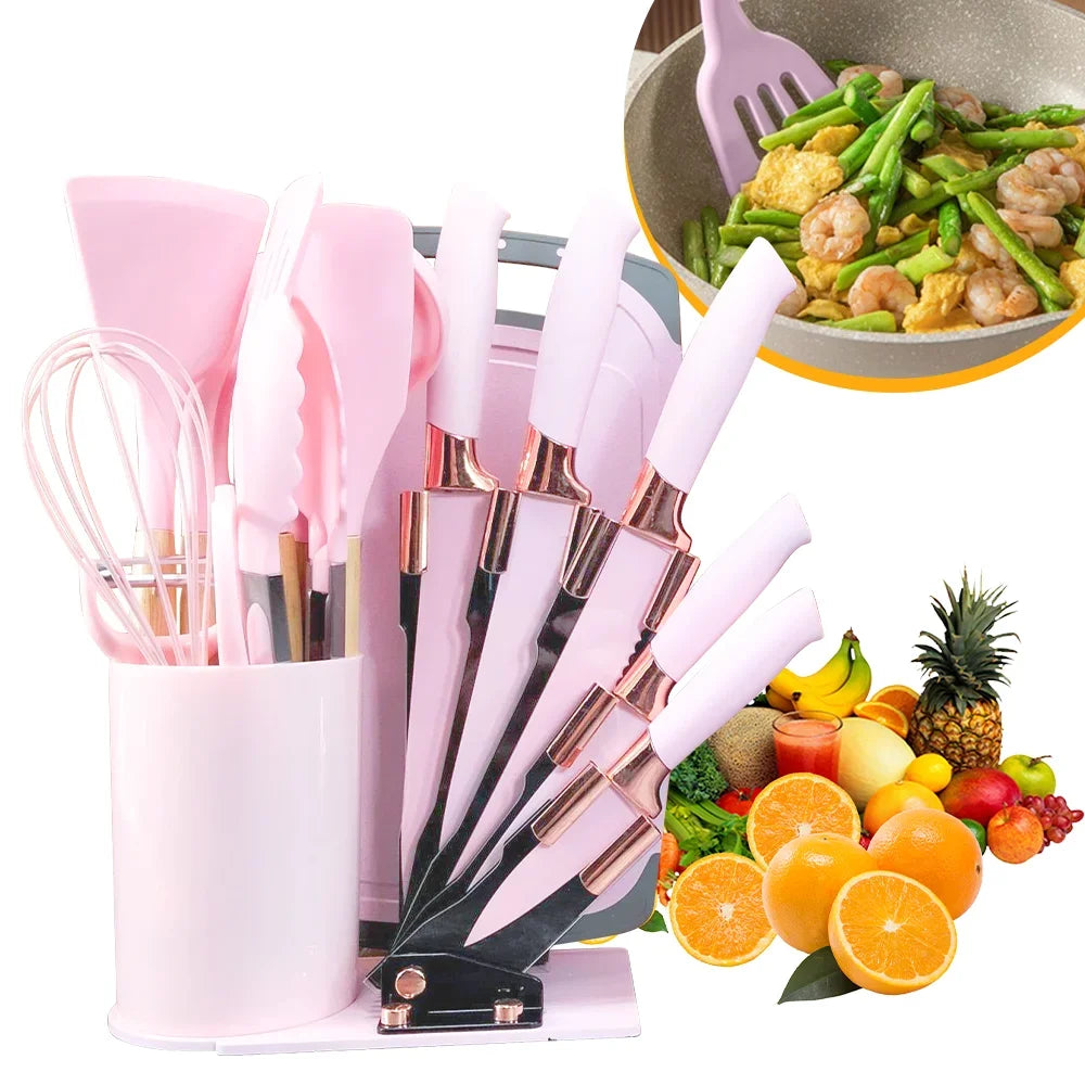 20 Piece Silicone Kitchen Set: 5 Knives, 9 Silicone Wooden Handle Tools, All Non Stick: Includes Tongs, Wisk, Scissors, Peeler