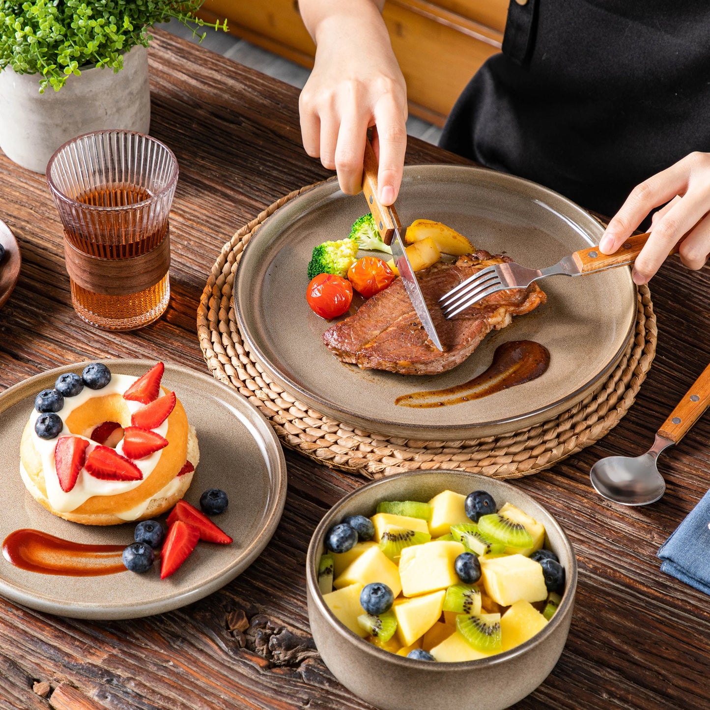 12/24 Piece Elegant Brown Reactive Glaze Stoneware Set with Dinner plate/Dessert Plate/Cereal Bowls