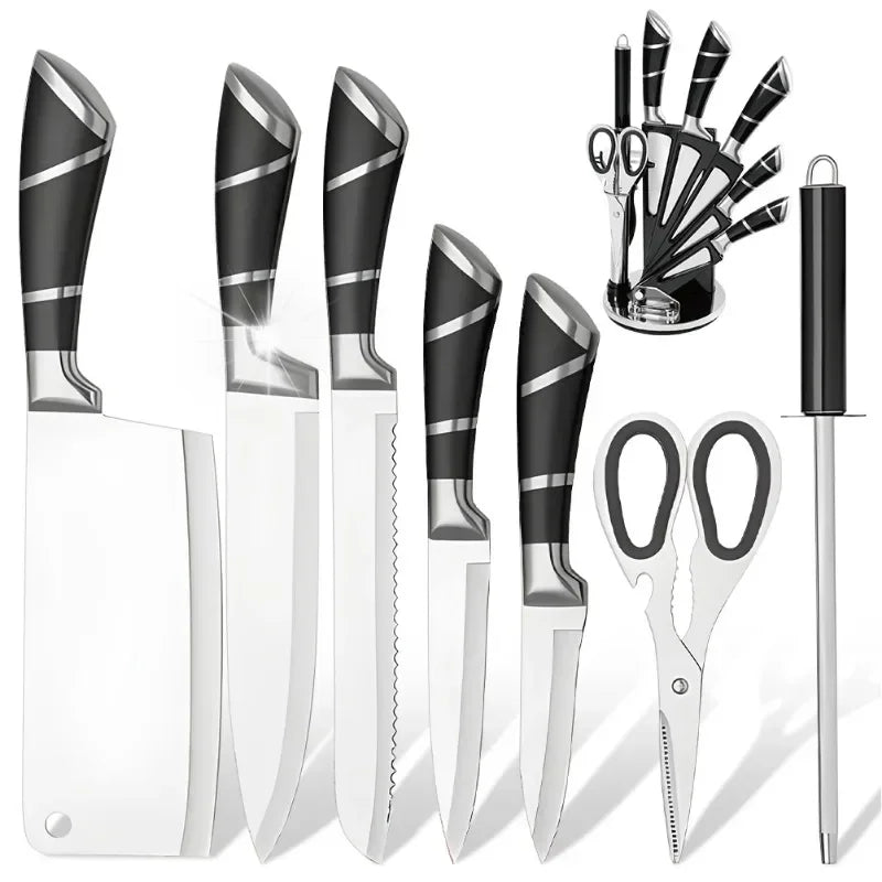 Beautiful Kitchen Knife Set: 9pc Stainless Steel Non-Stick Coated Chef Knives with Sharpener and Stand - 3 color choices