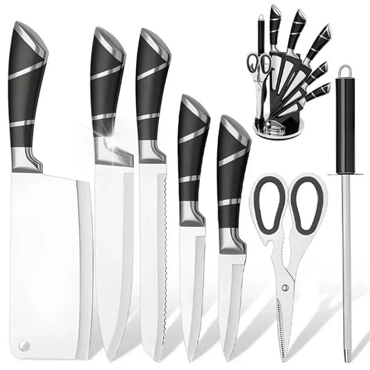 Beautiful Kitchen Knife Set: 9pc Stainless Steel Non-Stick Coated Chef Knives with Sharpener and Stand - 3 color choices