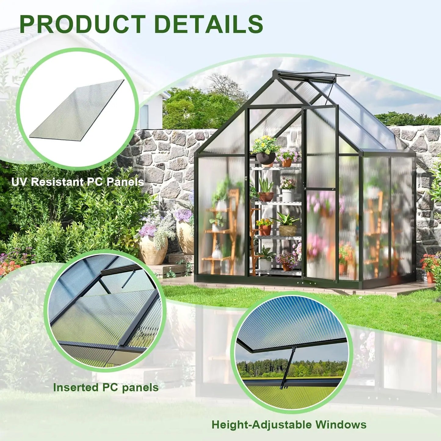 4x6' Greenhouse, Aluminum, Quick Assembly: Structured Polycarbonate Walk-in Greenhouse