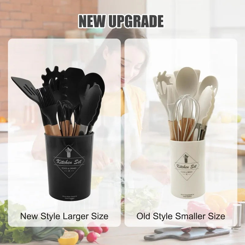 12 Silicone Kitchen Utensils with Solid Wood Handles, and a Holder Bucket - Multiple Color Options