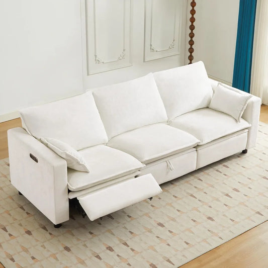 Oversized Power Reclining Sofa - Grey or Cream Cloud Chenille with Adjustable Headrest, Pillows & Hidden Storage