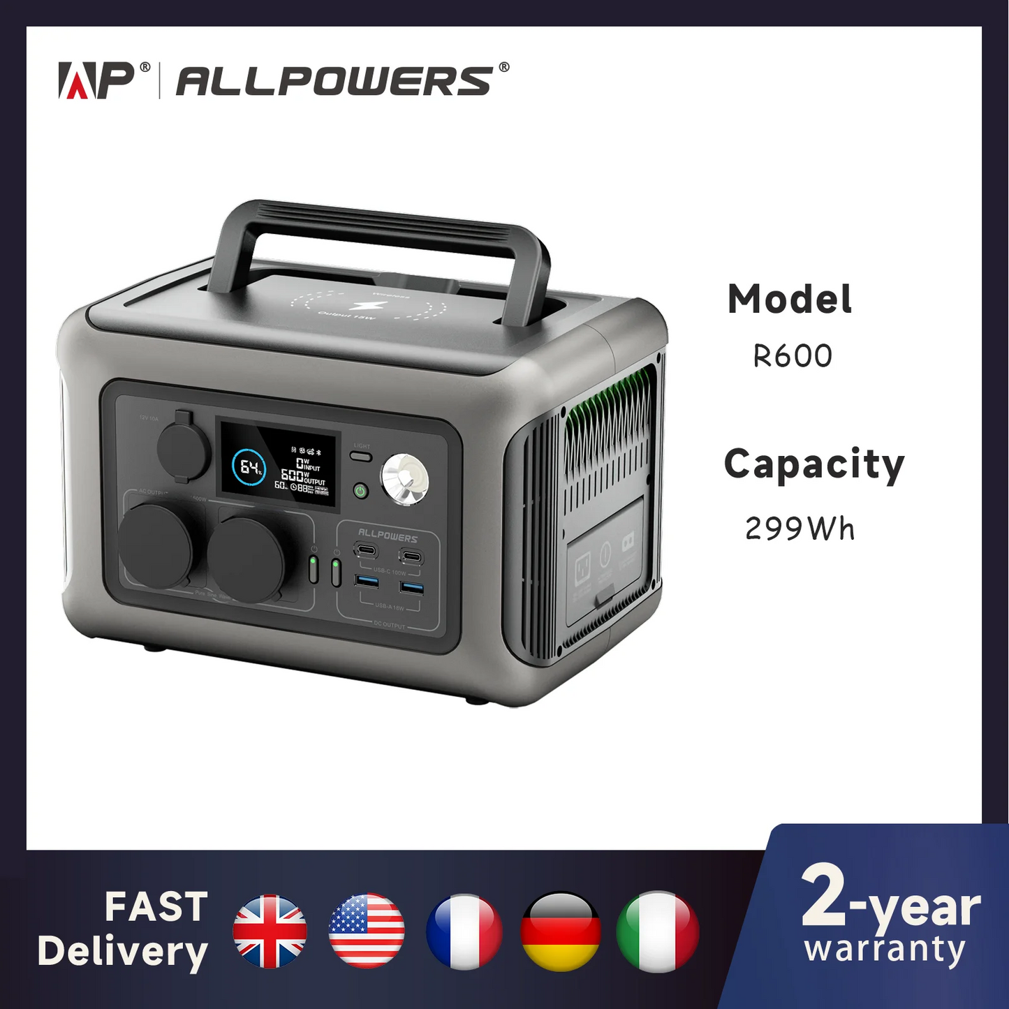 Portable Power Station R600, 299Wh Battery with 2x 600W (1200W Surge) AC Outlets for Outdoor Camping RV Home
