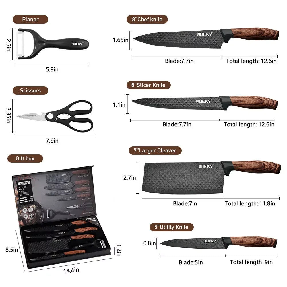 Stainless Steel Kitchen Knives Set with Non-stick Coating: Forged Kitchen Knife, Scissors, Vegetable Peeler, Slicer, Paring Knife; Sophisticated Diamond Pattern