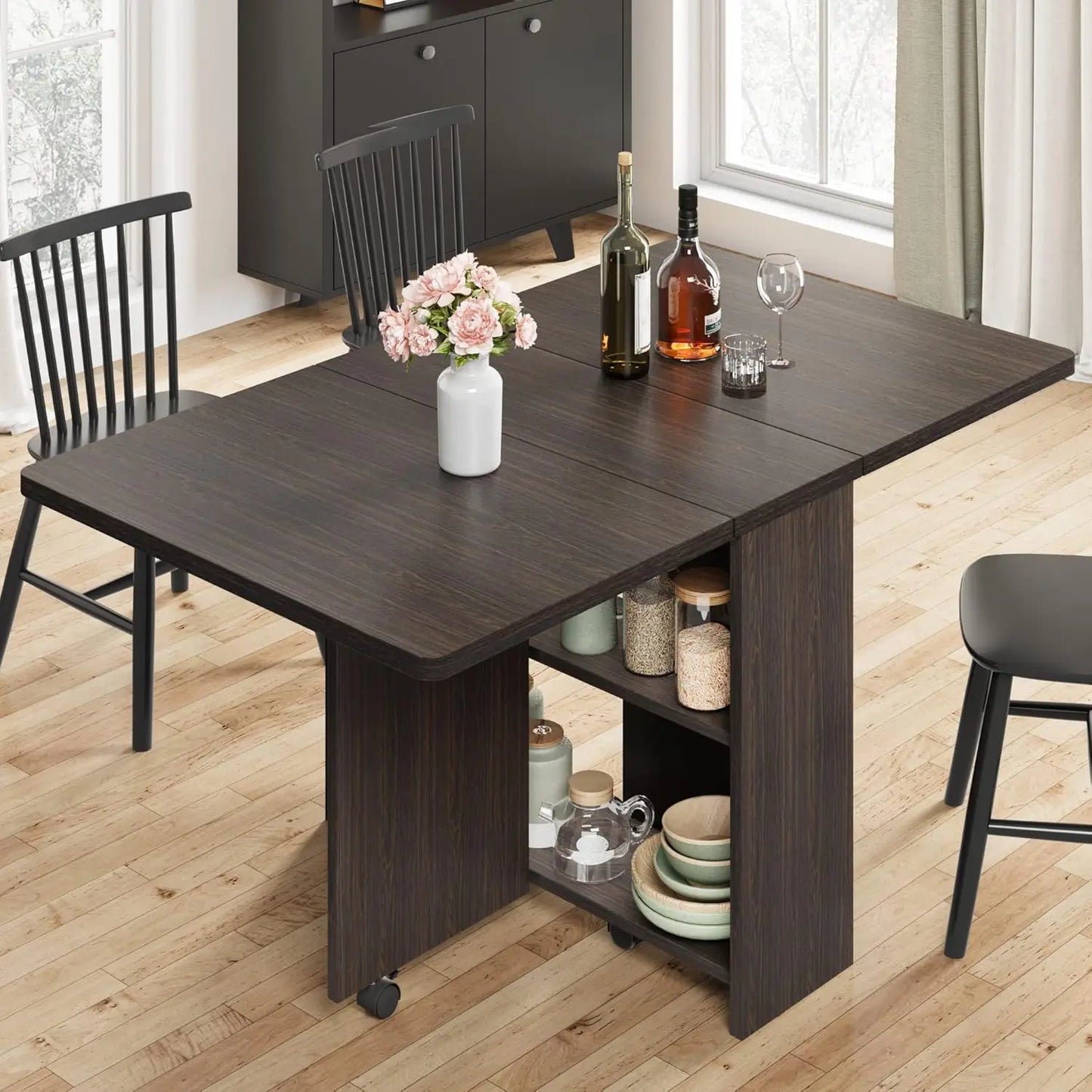 Space Saving Folding Dining Table with 2 Tier Storage-Extendable Drop Leaf