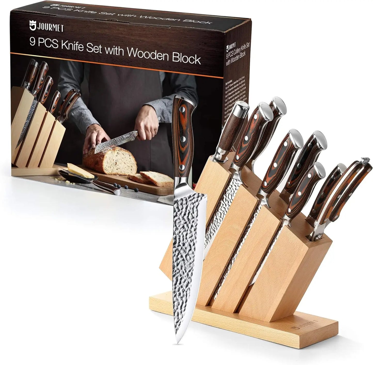 9pc High Carbon Damascus Stainless Steel Knife Set with Pakka Wood Handle and Beech Wood Block