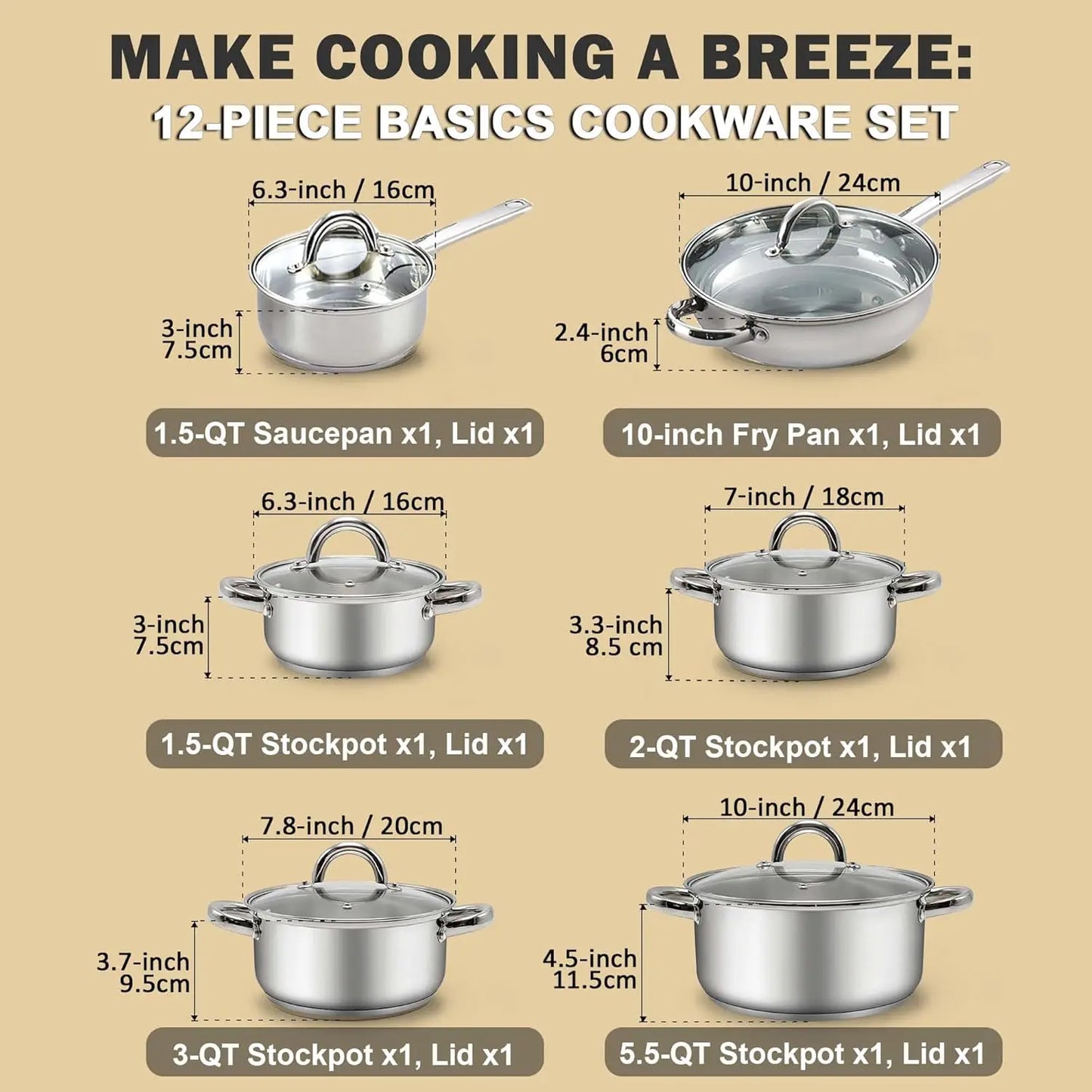 12-Piece Professional Stainless Steel Pots and Pans w/ lids