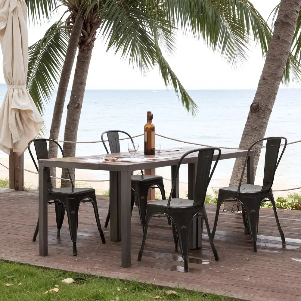 Metal Dining Chair - Set of Four Stackable Indoor Outdoor Industrial Vintage Chairs, Black