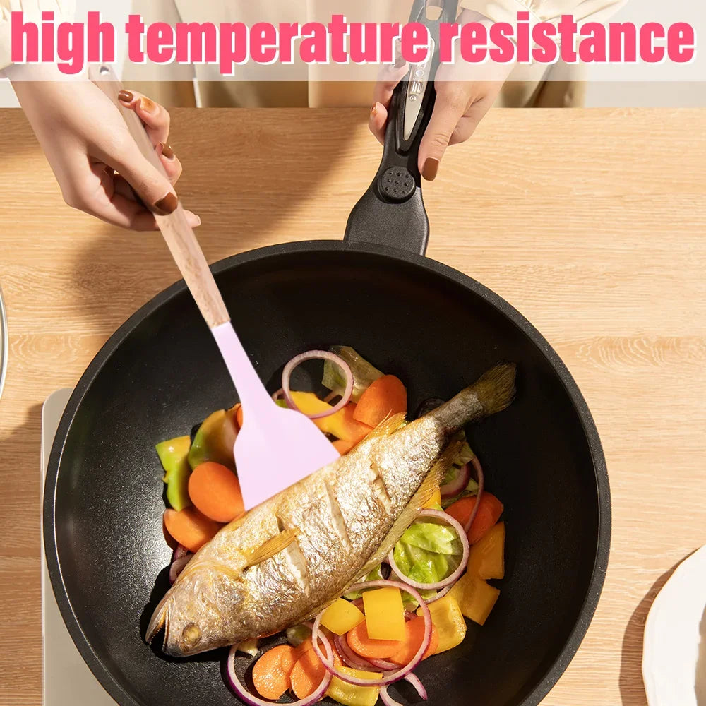 20 Piece Silicone Kitchen Set: 5 Knives, 9 Silicone Wooden Handle Tools, All Non Stick: Includes Tongs, Wisk, Scissors, Peeler