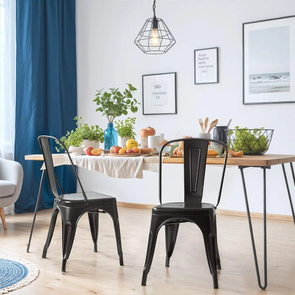 Metal Dining Chair - Set of Four Stackable Indoor Outdoor Industrial Vintage Chairs, Black